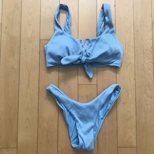 Baby Blue Ribbed Tie Knot Button-Up Bikini S